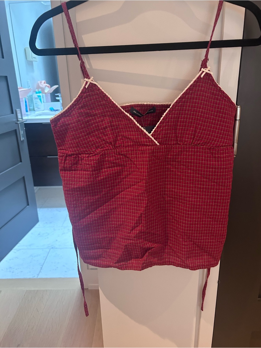 BNWT Brandy Melville Red Checked V-Neck Cami Top with Lace Trim